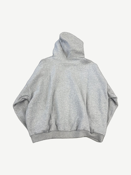 HMDD gray Chimstone zipup hoodie back view in heather gray fleece with oversized fit and ribbed hem