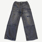 HMDD grime washed carpenter work pants in faded navy with paint splatters and distressed knee panels