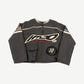 HMDD gray leather Moteaux moto racing jacket front with HMD Racing embroidery, #10 patch and US flag sleeve