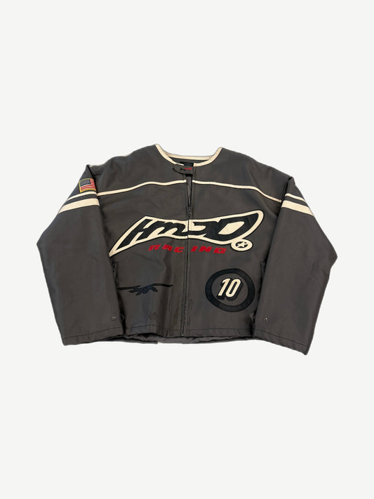 HMDD gray leather Moteaux moto racing jacket front with HMD Racing embroidery, #10 patch and US flag sleeve