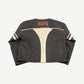 HMDD Leather Moteaux racing jacket back view with cream yoke panel and embroidered logos