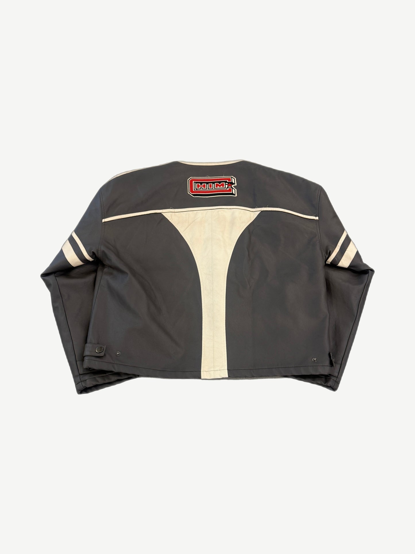 HMDD Leather Moteaux racing jacket back view with cream yoke panel and embroidered logos