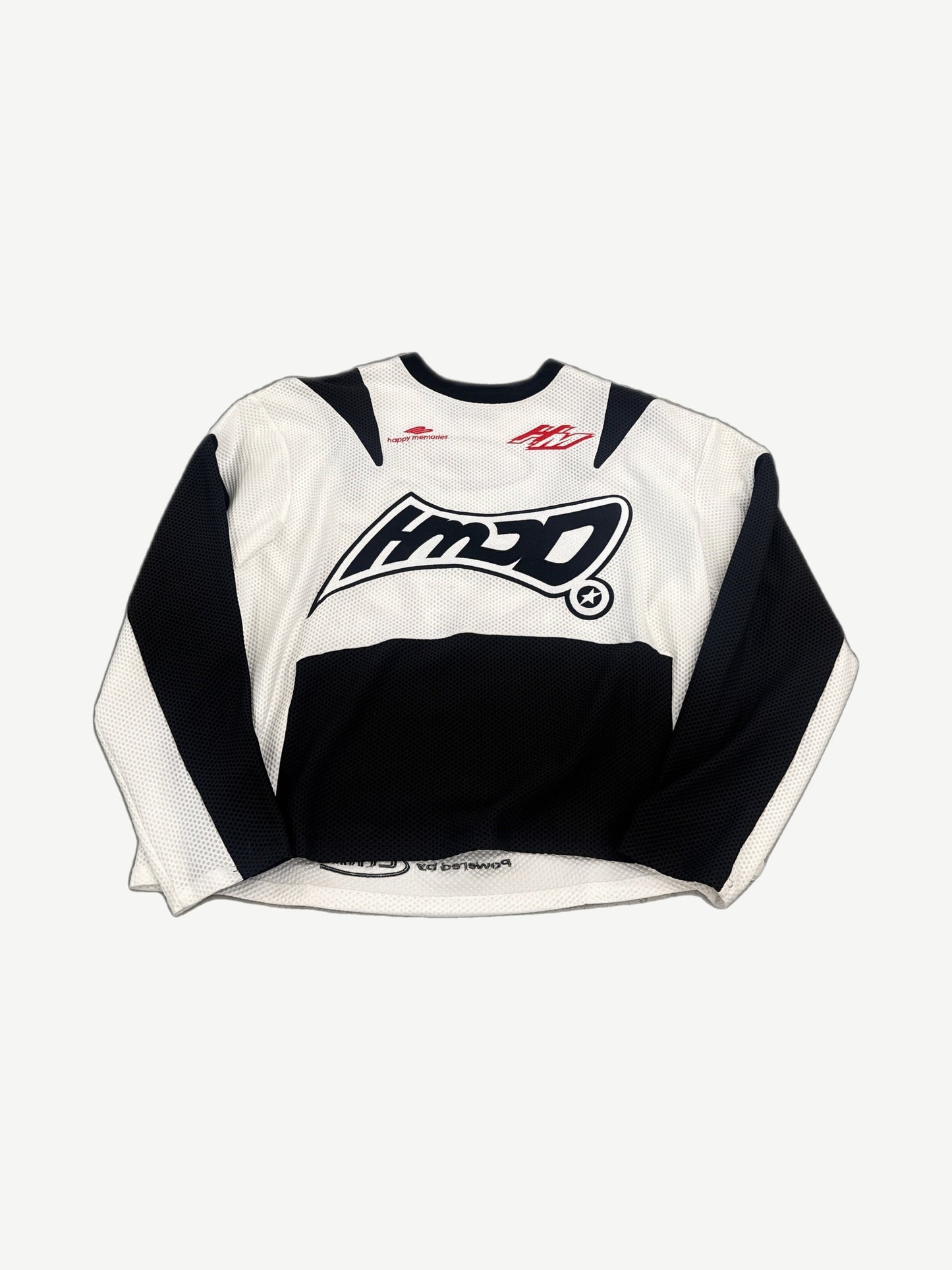 Happy Memories Don't Die HMDD white moto jersey with mesh ventilation panels and printed racing graphics, front