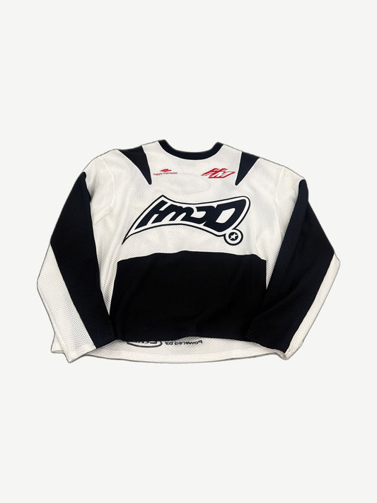 Happy Memories Don't Die HMDD white moto jersey with mesh ventilation panels and printed racing graphics, front