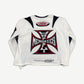 HMDD white moto jersey back with bold red and black HMDD racing graphics, number panel and mesh side panels