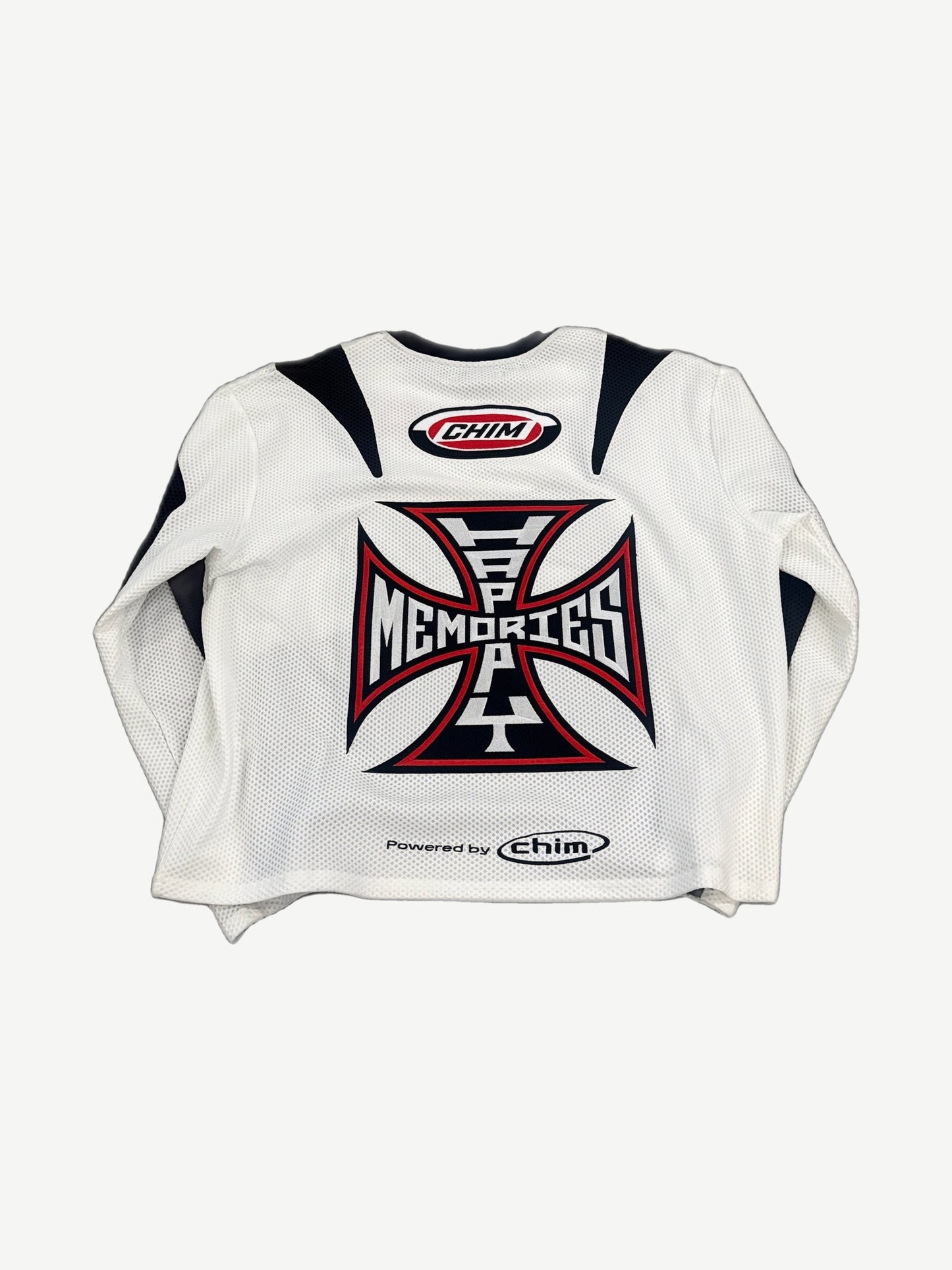HMDD white moto jersey back with bold red and black HMDD racing graphics, number panel and mesh side panels