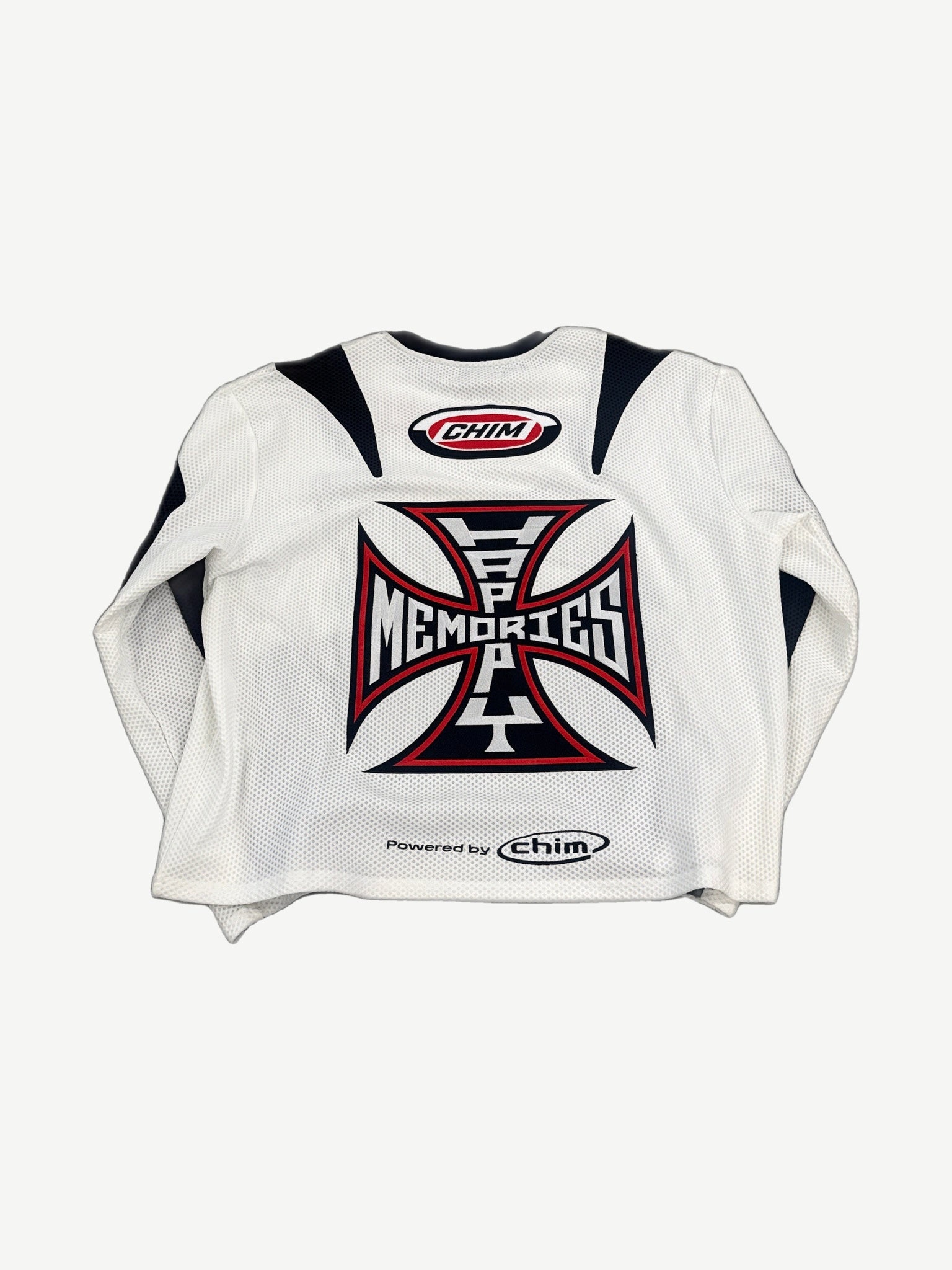 HMDD white moto jersey back with bold red and black HMDD racing graphics, number panel and mesh side panels