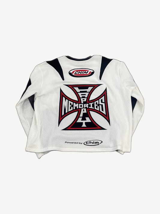 HMDD white moto jersey back with bold red and black HMDD racing graphics, number panel and mesh side panels