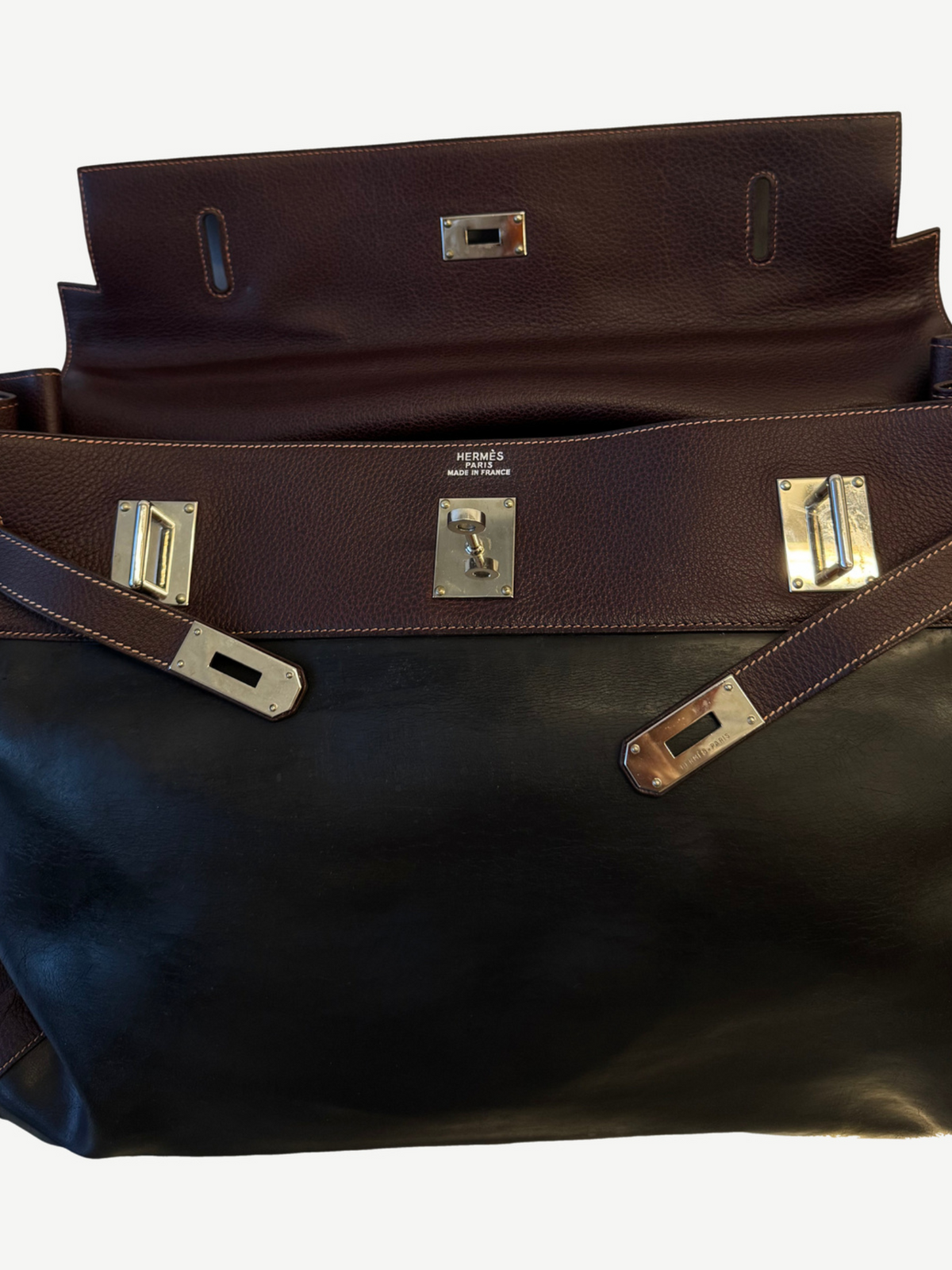 Hermes Kelly Relax 50 Black Brown Box Leather Travel Bag
