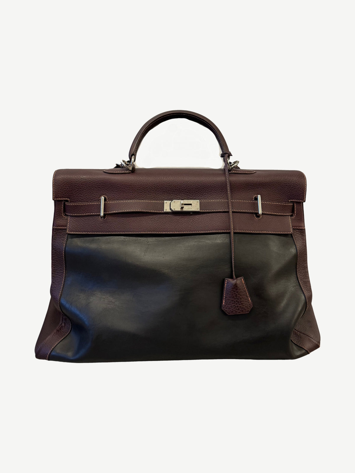 Hermes Kelly Relax 50 Black Brown Box Leather Travel Bag