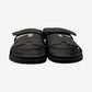 Hermes Chypre sandal pair front view in noir black calfskin, showing H-cutout vamp and adjustable ankle strap.