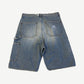 Kapital 14oz indigo denim carpenter shorts back with patch pockets, fades, and white brand label.