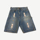 Kapital light indigo denim carpenter shorts front with multicolor studded patches and tool pockets.