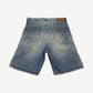 Back of Kapital Cisco denim shorts with leather Kapital patch, twin patch pockets and frayed hem detail