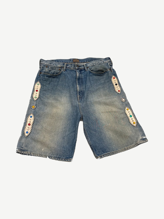 Kapital Cisco washed denim jean shorts with multicolor jewel and rhinestone embellishments down the side seams