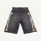 Kapital gray denim shorts front, washed indigo with bone embroidery detail and five pockets