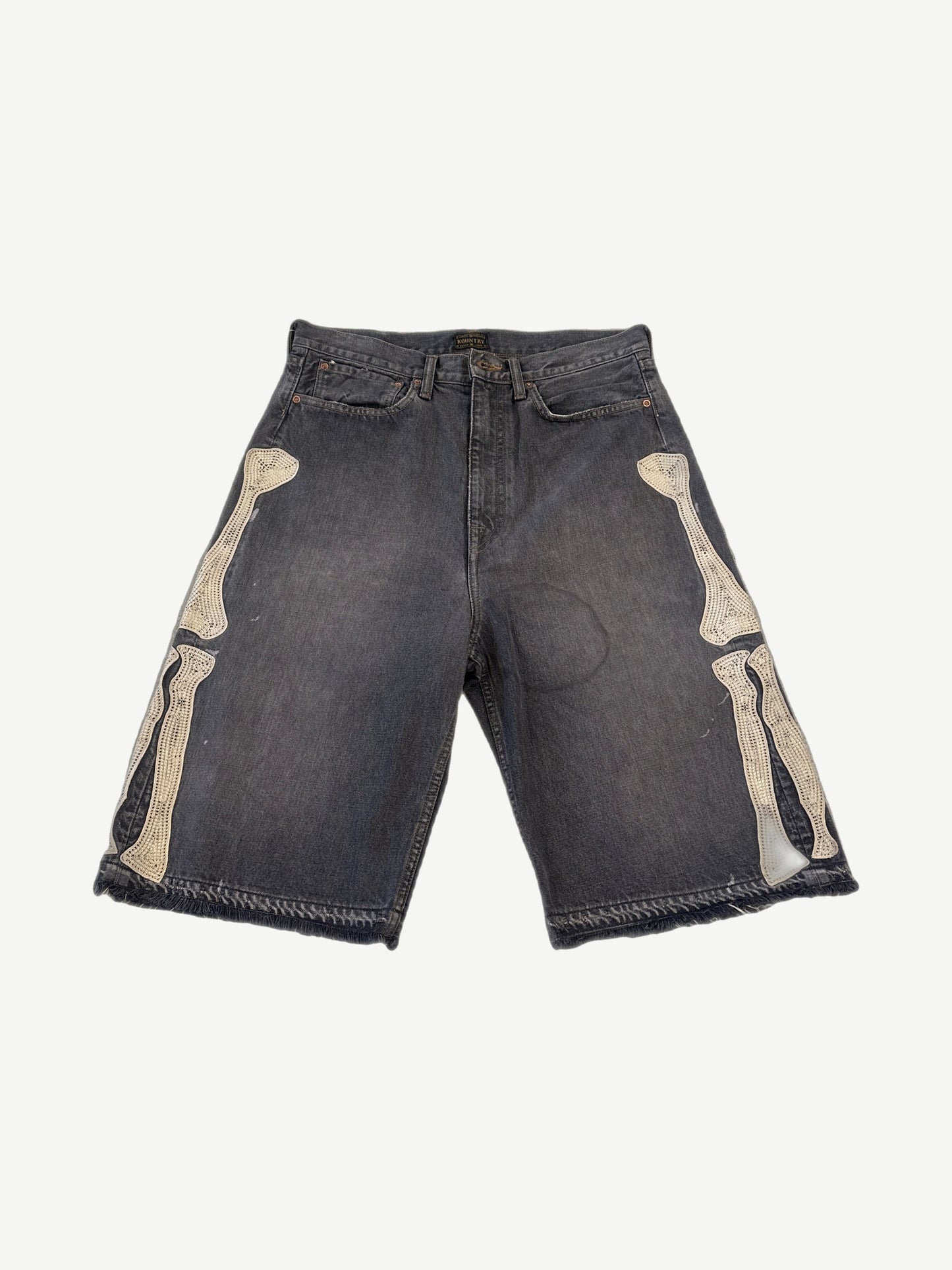 Kapital gray denim shorts front, washed indigo with bone embroidery detail and five pockets