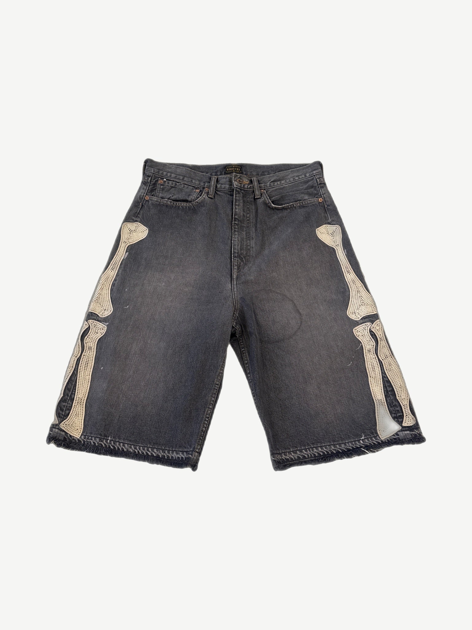 Kapital gray denim shorts front, washed indigo with bone embroidery detail and five pockets