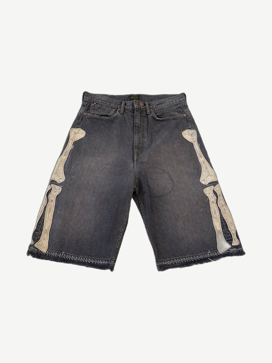 Kapital gray denim shorts front, washed indigo with bone embroidery detail and five pockets