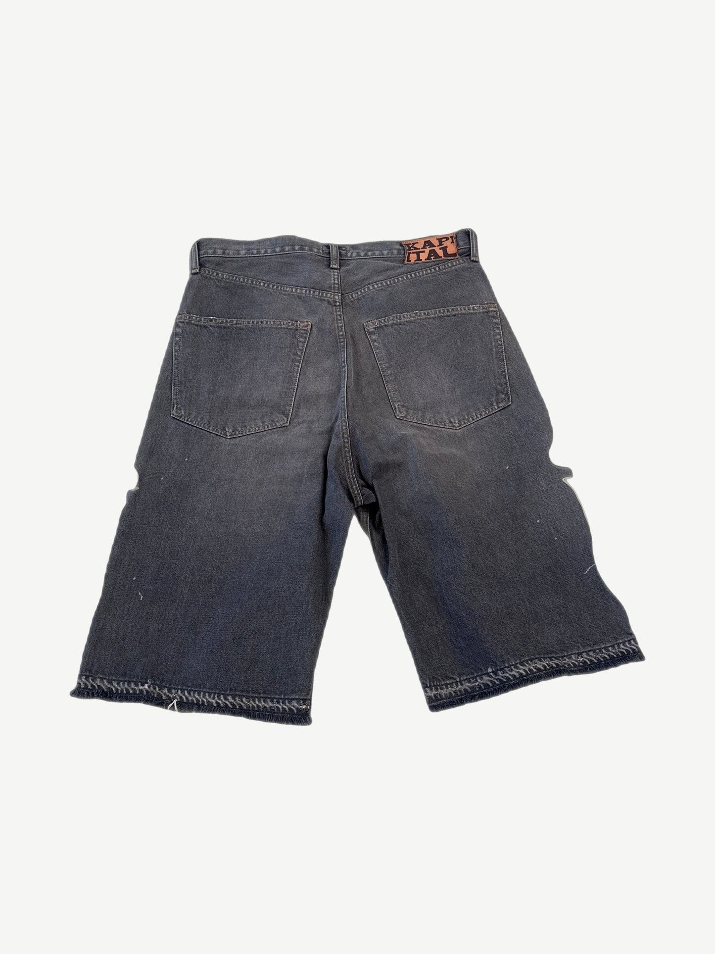Kapital gray denim bone shorts back view, faded indigo wash with patch pocket detailing