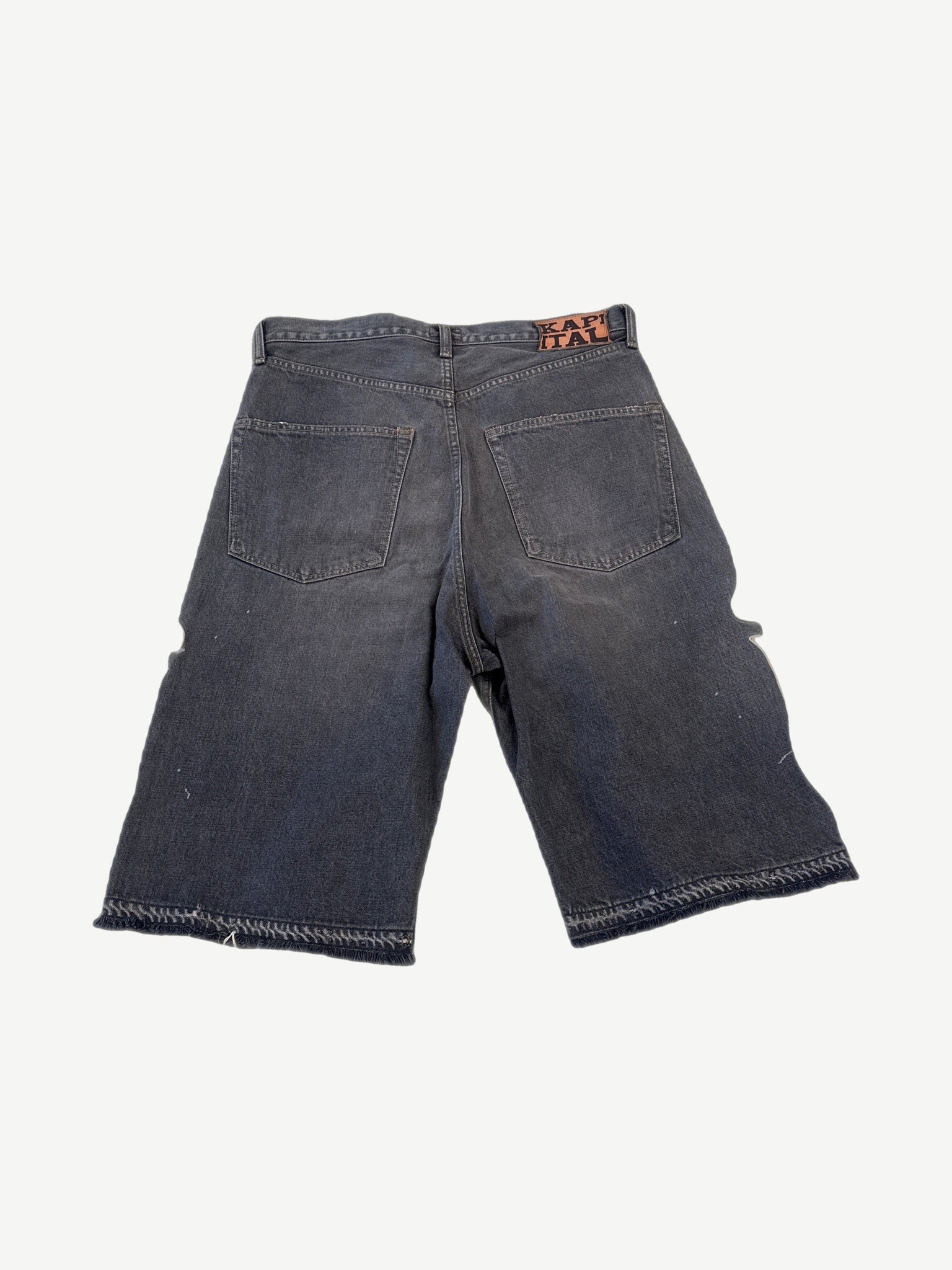 Kapital gray denim bone shorts back view, faded indigo wash with patch pocket detailing
