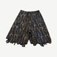 Kapital Magpie denim W-knee easy shorts with feather print, fringed cuffs and drawstring waist.