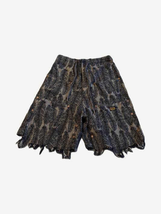 Kapital Magpie denim W-knee easy shorts with feather print, fringed cuffs and drawstring waist.