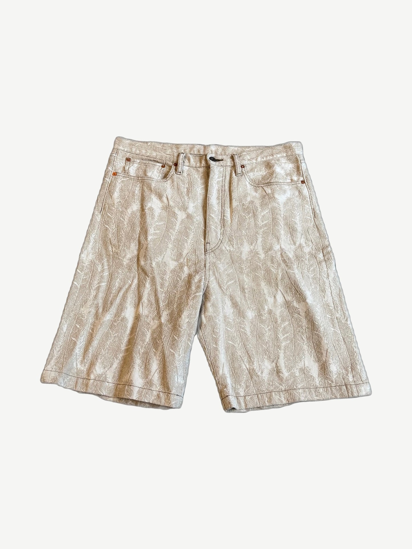 Kapital Magpie jean shorts in natural cream denim with all-over feather jacquard pattern and five-pocket cut