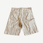 Kapital natural feather Magpie jean shorts back view with patch pockets and brand leather label at waist
