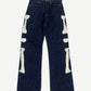 Kapital raw indigo bone denim jeans front with skeletal bone embroidery down leg and five-pocket cut.