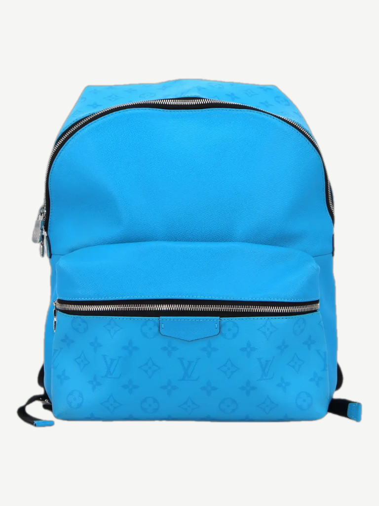 Louis Vuitton Discovery backpack in bright blue Taigarama leather with embossed monogram pattern, front view