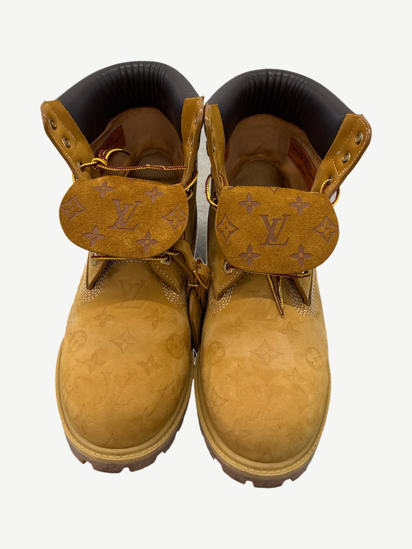 Louis Vuitton Timberland boot top down view with monogram embossed wheat nubuck and red waxed laces