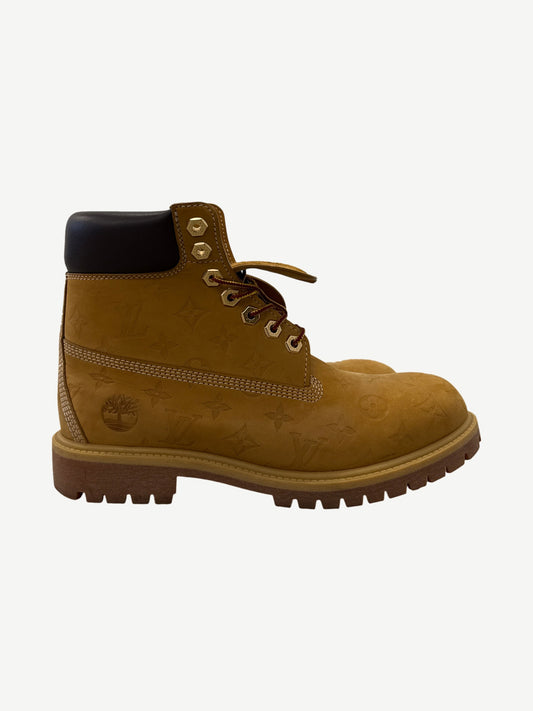 Louis Vuitton Timberland wheat nubuck 6 inch boot with embossed monogram pattern and gold hex eyelets