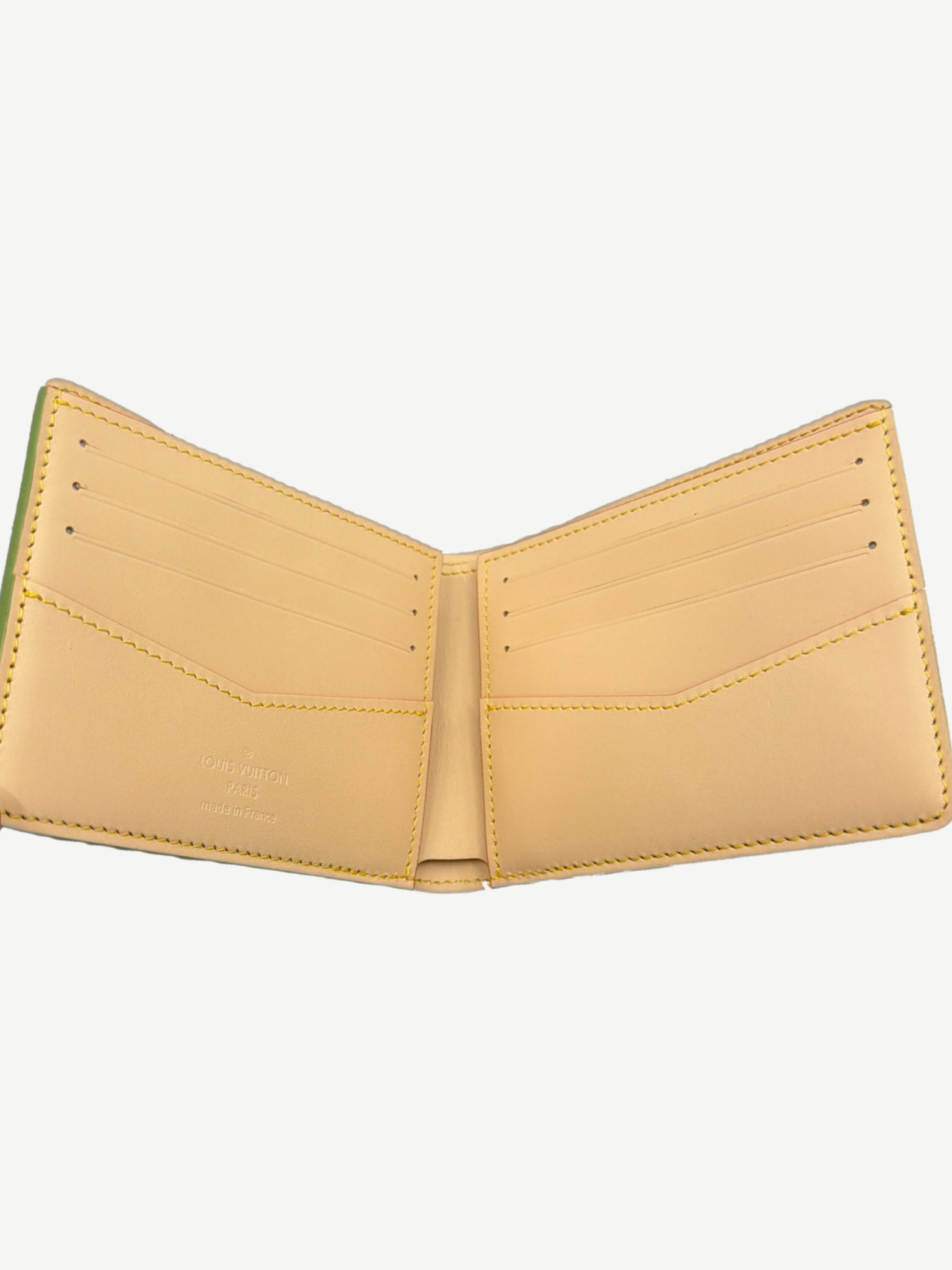 Louis Vuitton Tyler the Creator green Damier wallet interior with card slots and bill compartment in green leather