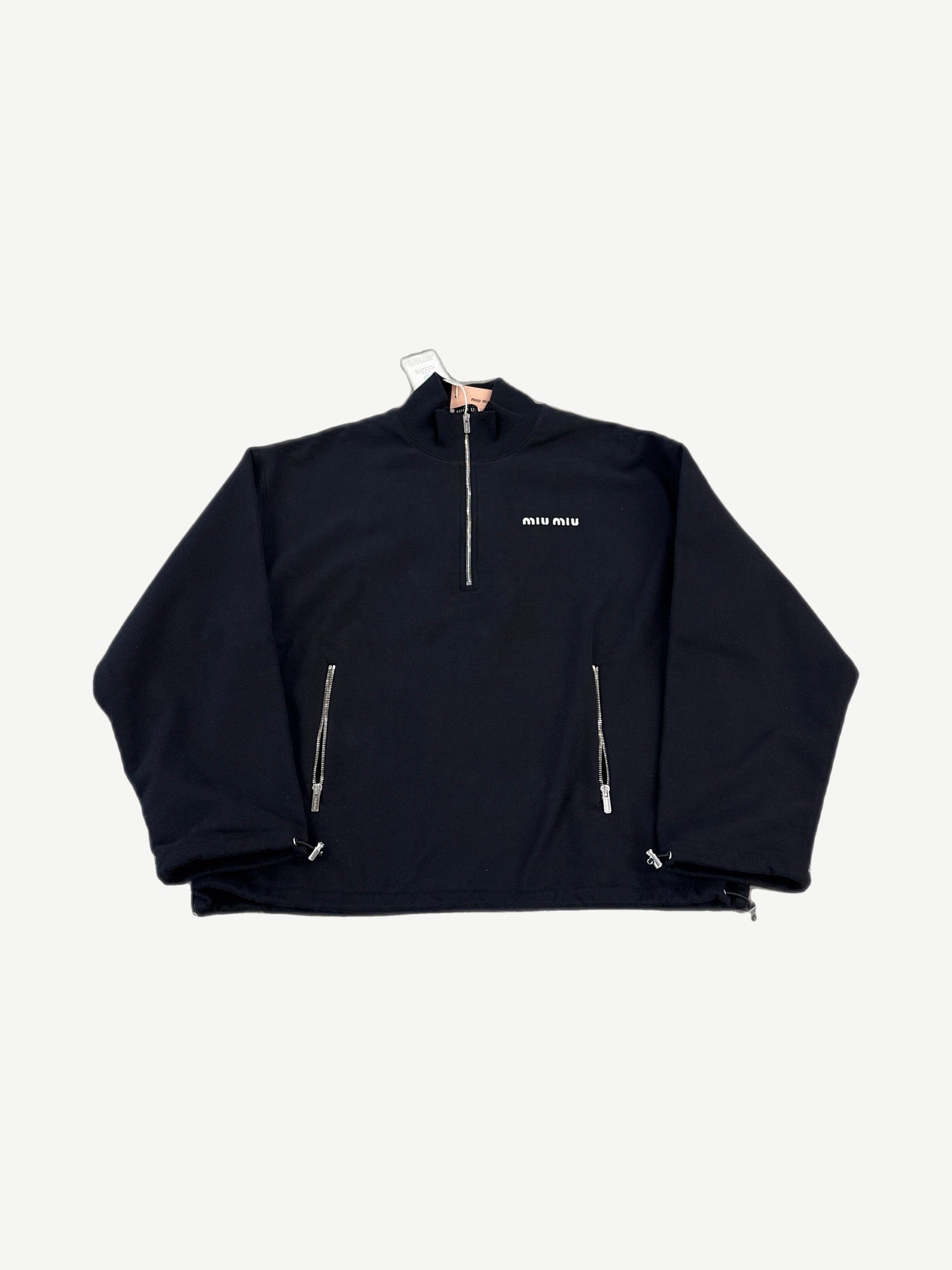 Miu Miu black cotton fleece half zip sweater with high collar, tonal stitching and pull-tab zipper, front view