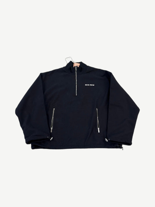 Miu Miu black cotton fleece half zip sweater with high collar, tonal stitching and pull-tab zipper, front view