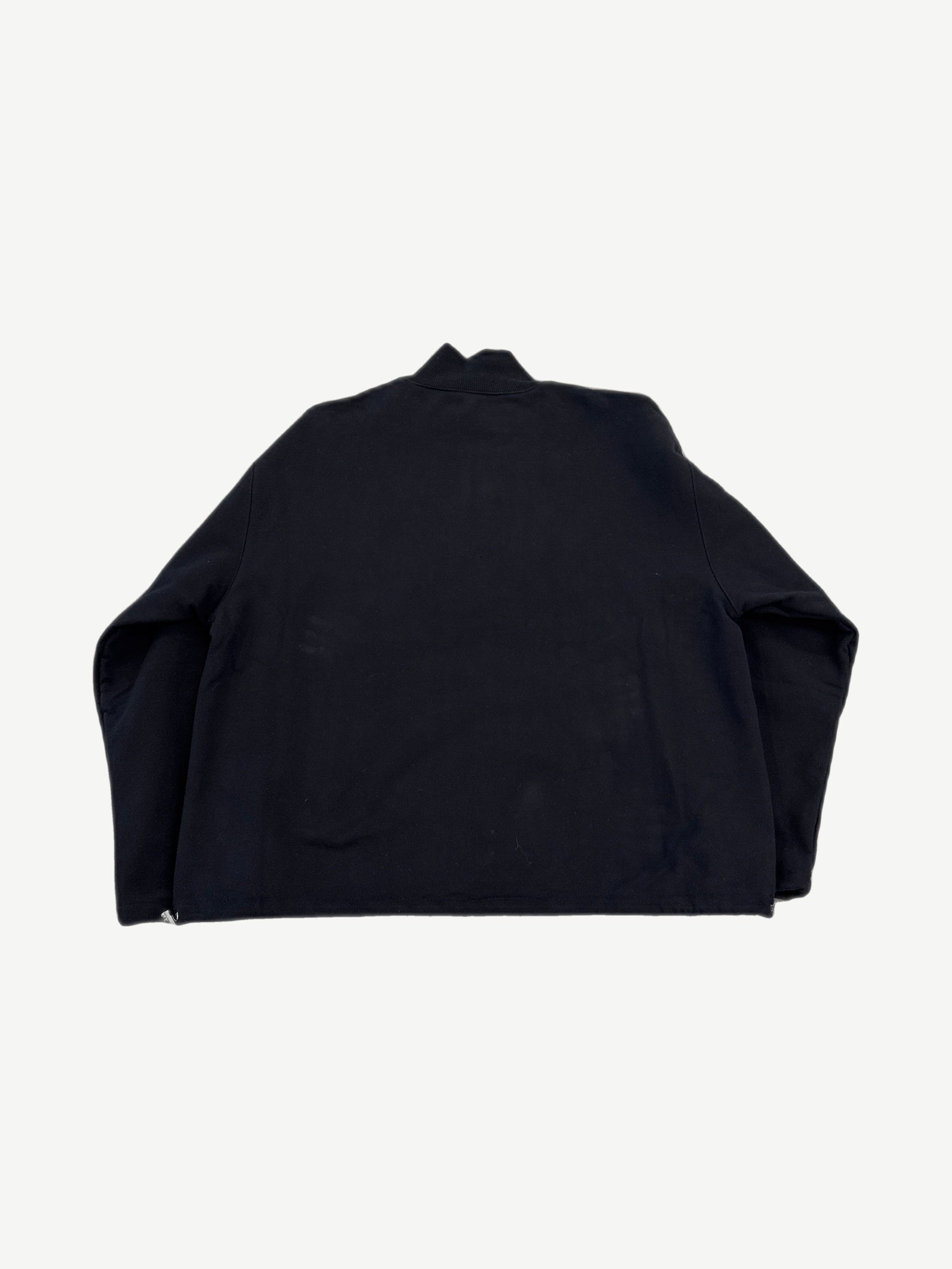 Miu Miu black half zip fleece sweater back view, plain panel with ribbed cuffs and raglan shoulder seams
