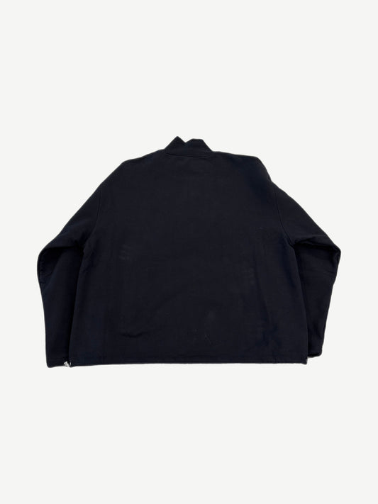 Miu Miu black half zip fleece sweater back view, plain panel with ribbed cuffs and raglan shoulder seams