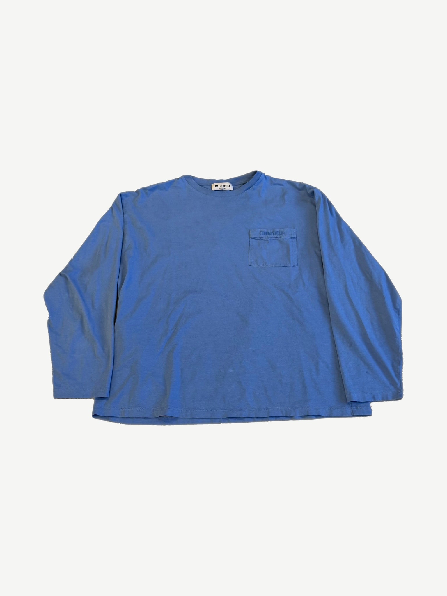 Miu Miu cornflower blue longsleeve tee with embroidered logo chest pocket and relaxed boxy fit