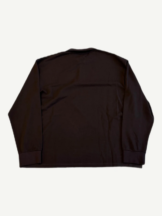 Miu Miu brown longsleeve polo back view with clean pique knit and ribbed cuffs on a relaxed silhouette