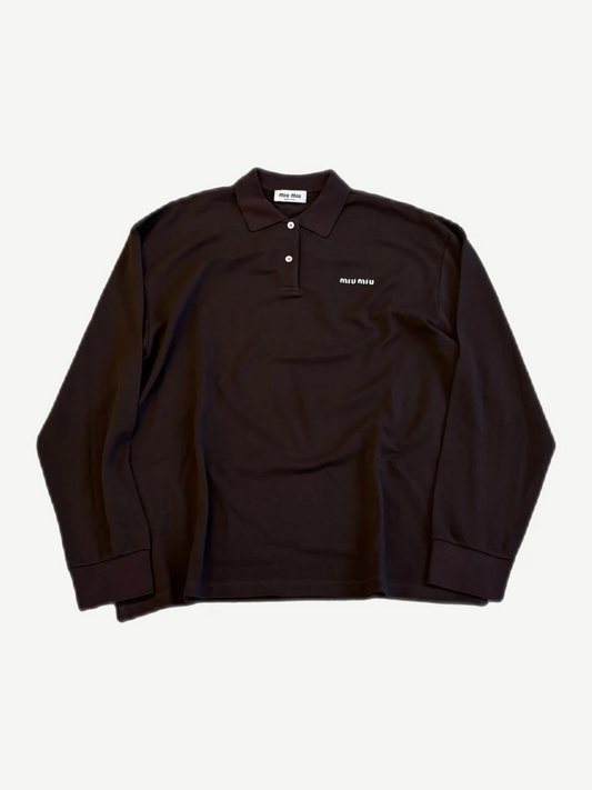 Miu Miu dark brown cotton pique longsleeve polo with two-button placket and embroidered Miu Miu chest logo