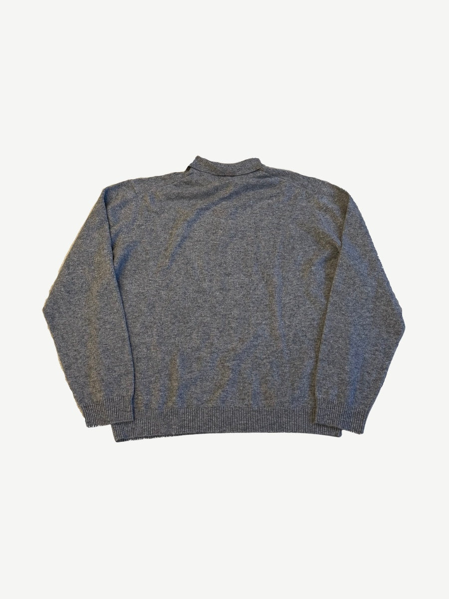 Miu Miu heather gray cashmere polo sweater back view, plain knit with ribbed cuffs and hem