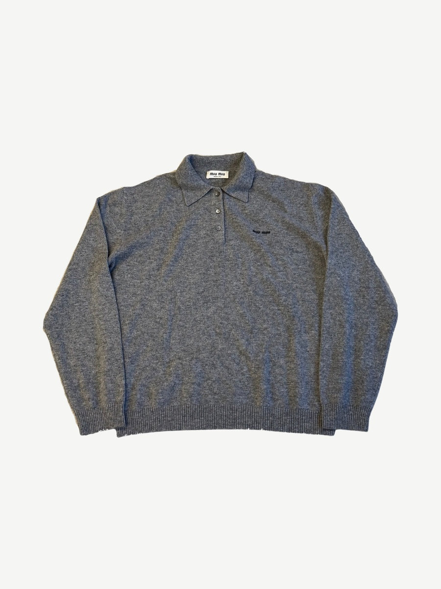 Miu Miu heather gray cashmere polo sweater with small embroidered Miu Miu logo on chest