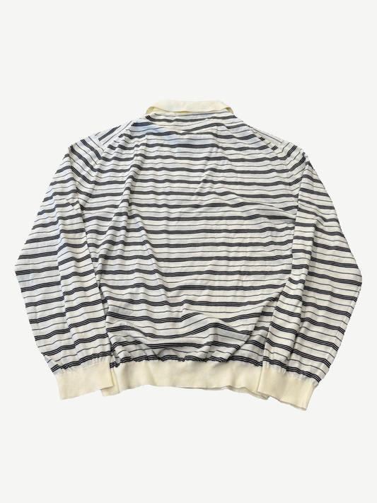 Miu Miu striped polo back view showing tonal navy stripes across the knit collared top.