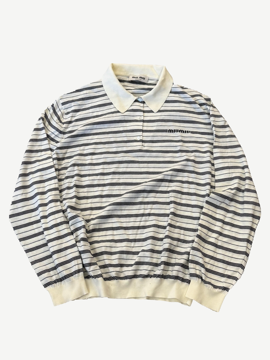 Miu Miu striped polo top in cream knit with navy stripes and embroidered miu miu chest logo.
