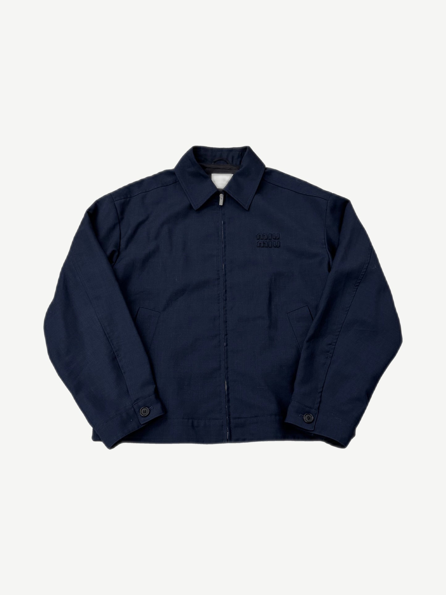 Miu Miu navy mohair wool blouson jacket with tonal embroidered logo, point collar and zip front.