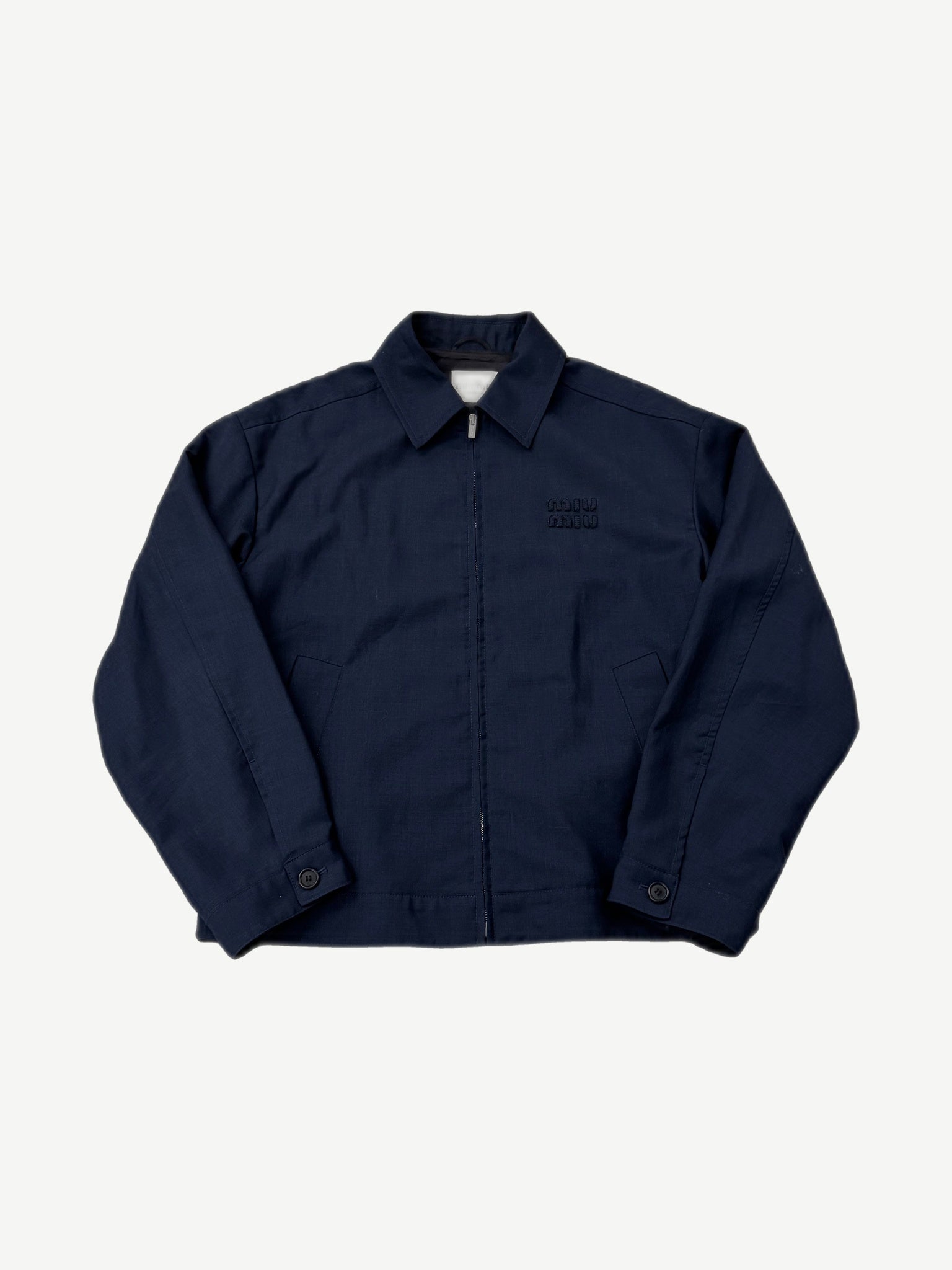 Miu Miu navy mohair wool blouson jacket with tonal embroidered logo, point collar and zip front.