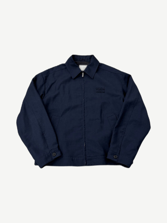 Miu Miu navy mohair wool blouson jacket with tonal embroidered logo, point collar and zip front.