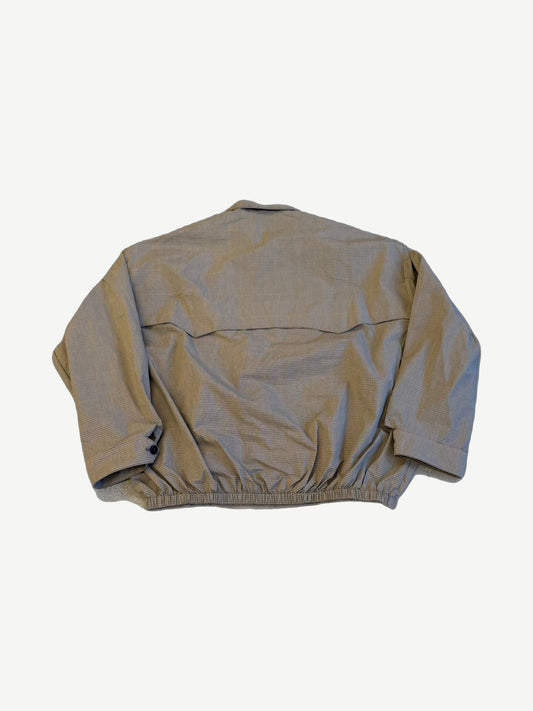 Back of Miu Miu olive green technical check blouson with elastic gathered hem and dropped shoulders.