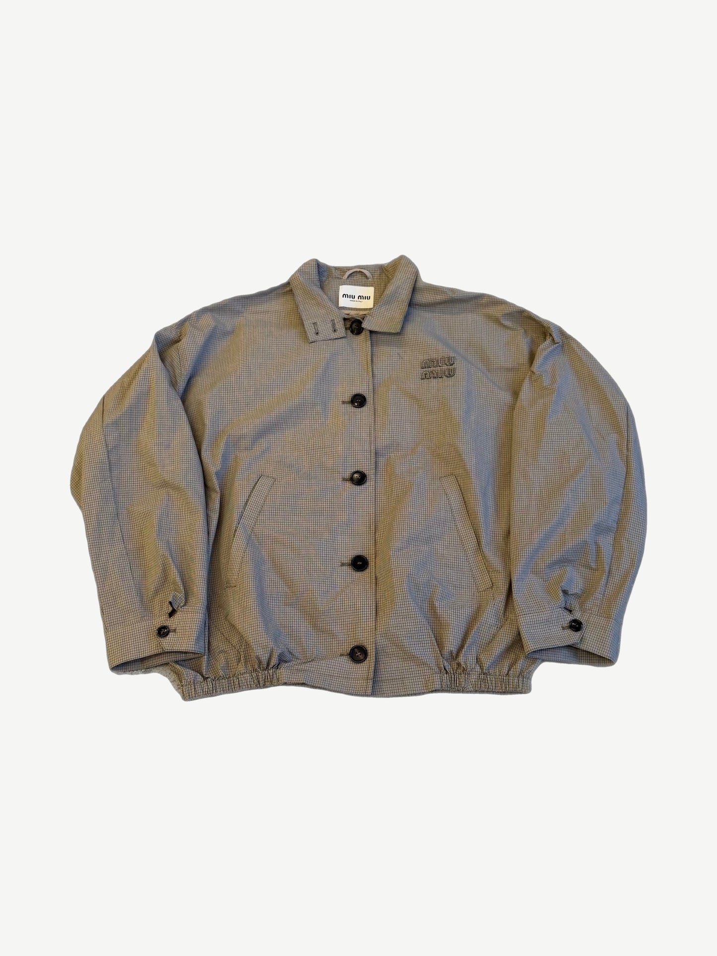 Miu Miu olive green micro check blouson jacket with button placket, collar and embroidered chest logo.
